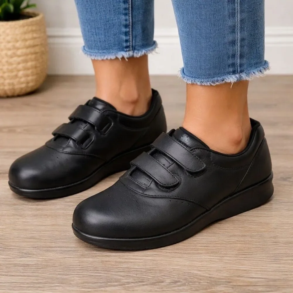 SAS Me Too‎ Black Leather Hook Loop Walking Shoes Womens Size 9 WW Comfort